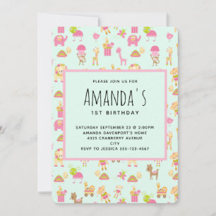 Convites Padrão de Animais de Berçário Fofos Aniversário