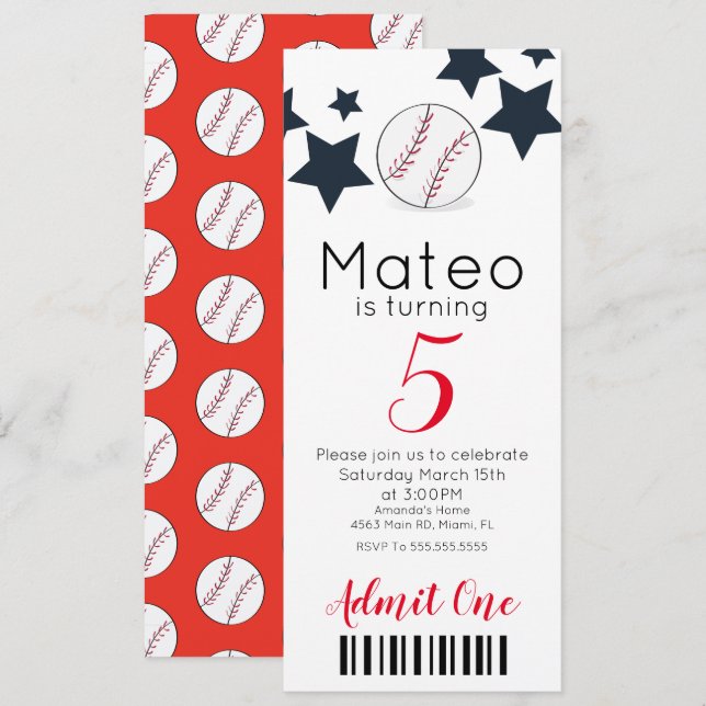 Convites Padrão de Baseball Moderno Estilo de Bilhete Festa (Frente/Verso)