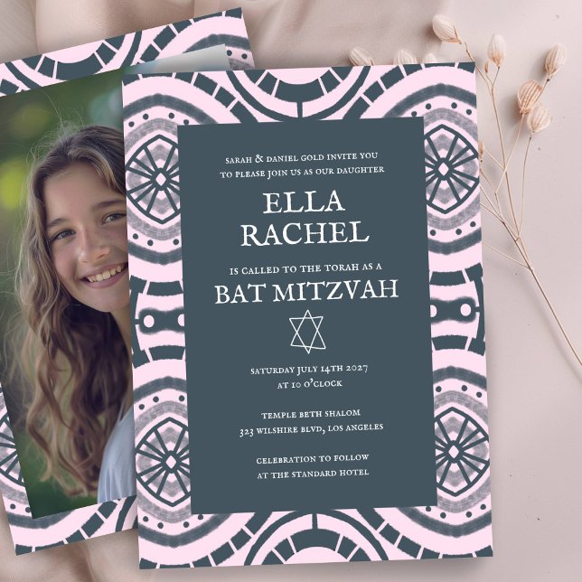Convites Padrão de Boho Moderno Bar de Bat de Fotografia Pe (Modern Boho Pattern Custom Photo Bat Bar Mitzvah Invitation
Pink)