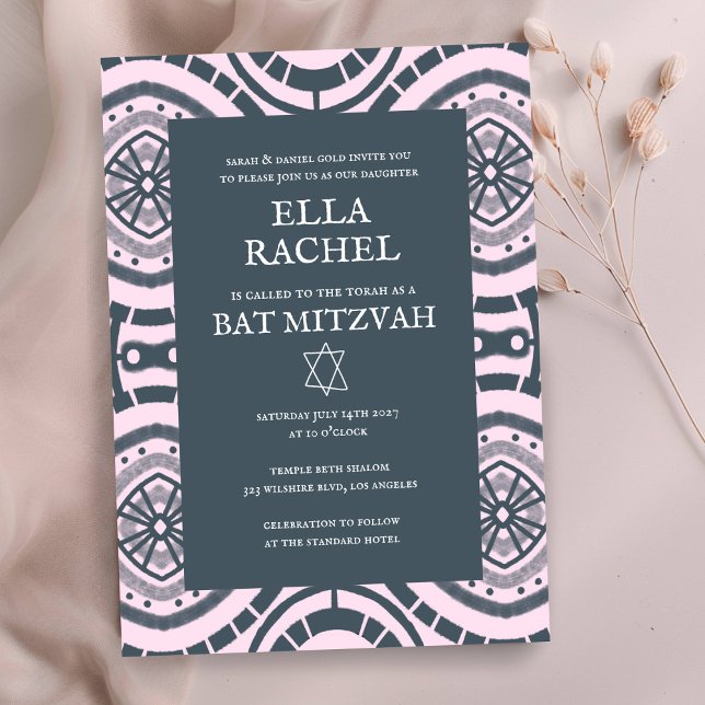 Convites Padrão de Boho Moderno Personalizado B'nai Bat Bar (Modern Boho Pattern Custom B'nai Bat Bar Mitzvah Invitation
Pink )