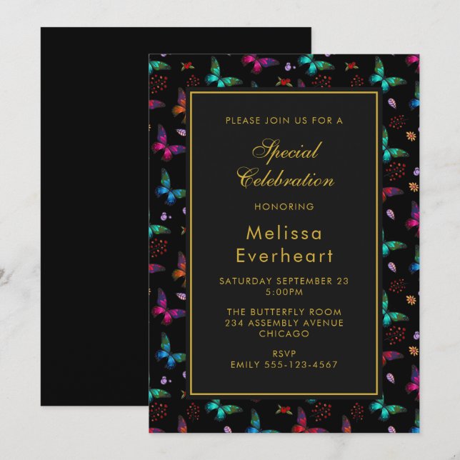 Convites Padrão de borboleta elegante em preto (Frente/Verso)