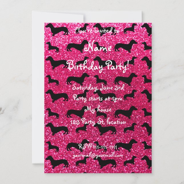 Convites Padrão de brilho de dachshund rosa rosa (Frente)