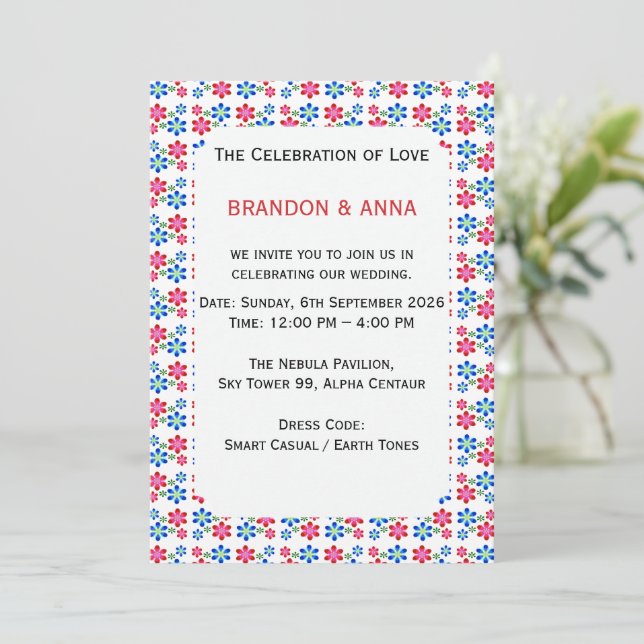 Convites Padrão de casamento moderno vibrante com flores,  (Em pé/Frente)