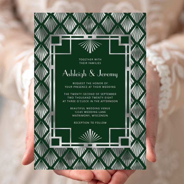 Convites Padrão de casamento verde esmeralda prateado vinta (Criador carregado)