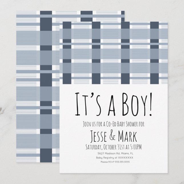 Convites Padrão de Chá de fraldas Xadrez Azul É um Menino (Frente/Verso)