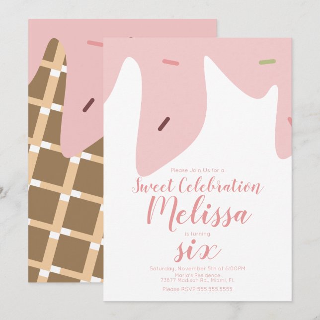 Convites Padrão de Cone de Sorvete com Confetes e Gotas de  (Frente/Verso)