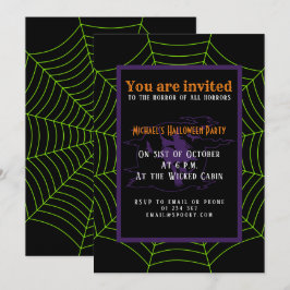 Convites Padrão de Dia das Bruxas na teia verde-neonatal pr