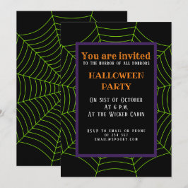 Convites Padrão de Dia das Bruxas na teia verde-neonatal pr