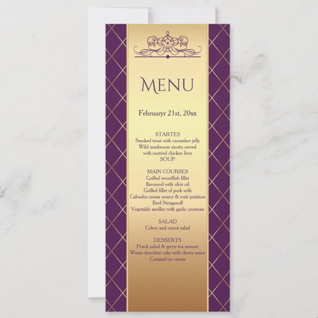 Convites Padrão de diamante dourado em Menu de Casamento ro (Frente)