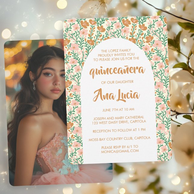 Convites Padrão de Flor de Arca Floral CUSTOMPhoto Quinceañ (Floral Arch Flower Pattern CUSTOMPhoto Quinceañera Invitation
)