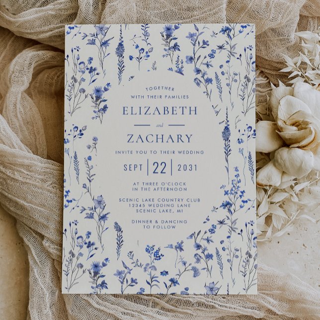 Convites Padrão de Flor Silvestre Boho Azul Marfim Casament (Criador carregado)