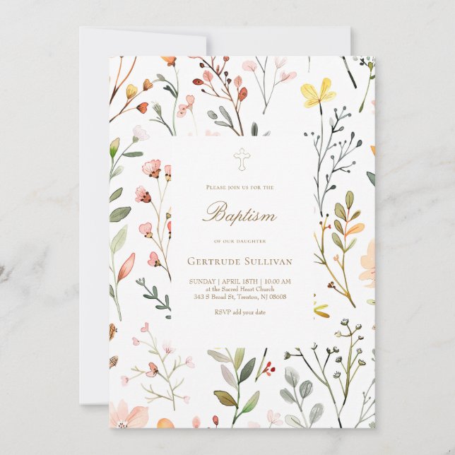 Convites padrão de flores de prado em aquarela Batismo (Frente)