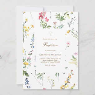 Convites padrão de flores silvestres aquarela Batismo