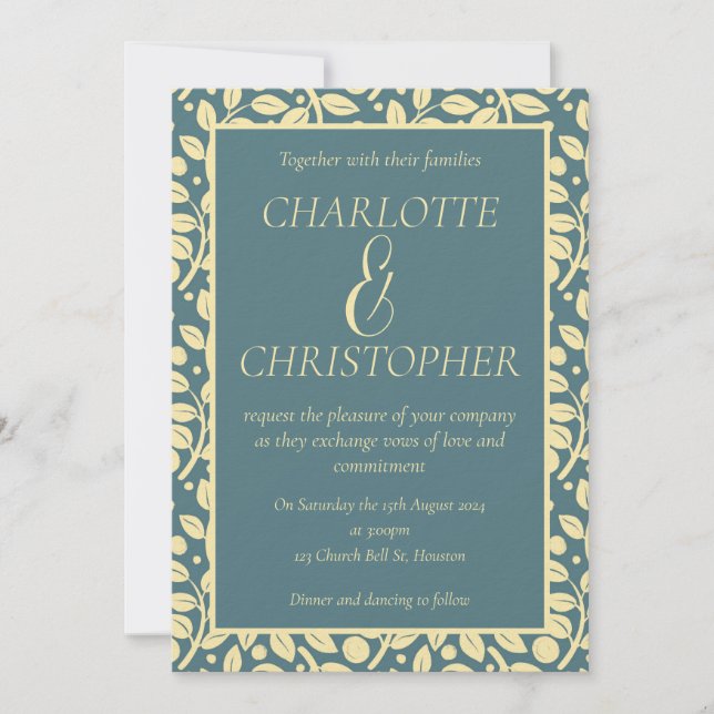 Convites Padrão de Folha de Creme Azul Sofisticado (Frente)