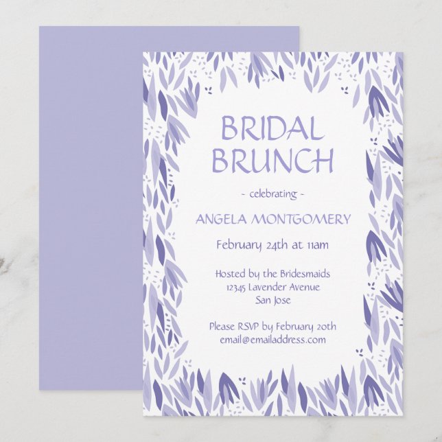 Convites Padrão de Folha de Lavanda Bridal Brunch (Frente/Verso)