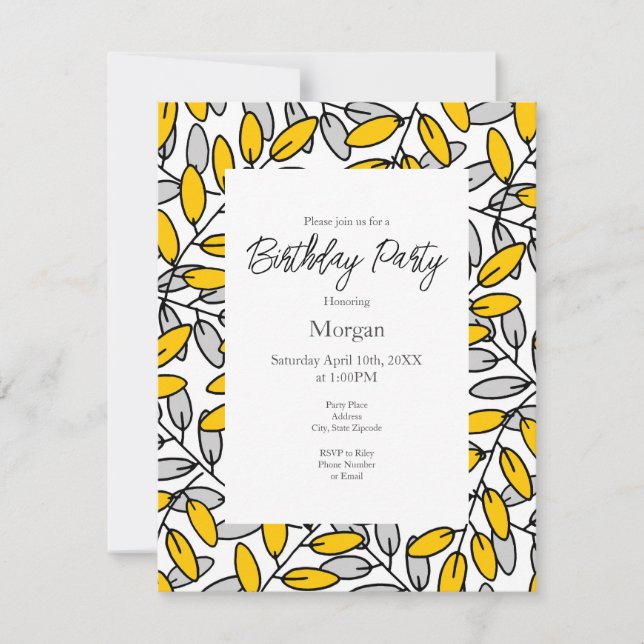 Convites Padrão de Folhas Amarelas Desenhadas à Mão (Frente)