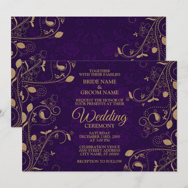 Convites Padrão de Folhas Florais Douradas Casamento Roxo M (Frente/Verso)