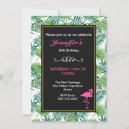 Convites Padrão de Folhas Tropicais e Aniversário Flamingo 