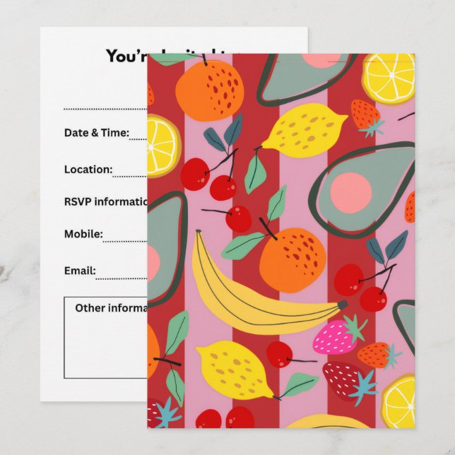 Convites Padrão de frutas com listras vermelhas e rosas  (Frente/Verso)