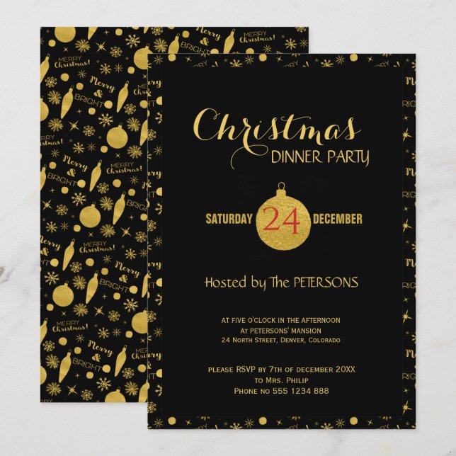 Convites Padrão de guião de Natal glamouroso preto dourado (Frente/Verso)