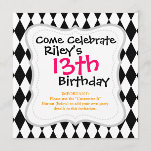 Convites Padrão de Harlequin do Diamante Negro e Branco