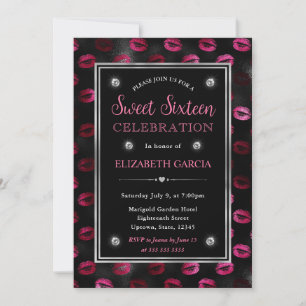Convites Padrão de Lábios com Brilho Rosa e Preto Sweet Six