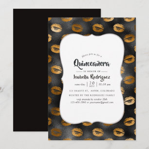 Convites Padrão de Lábios de Gelam Pretos e Dourados Quince