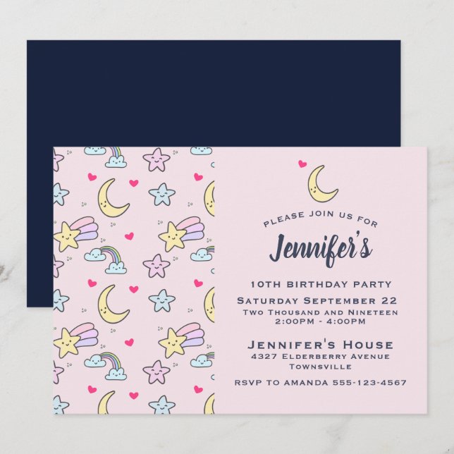 Convites Padrão de Lua, Estrelas e Nuvens em Aniversário Ro (Frente/Verso)