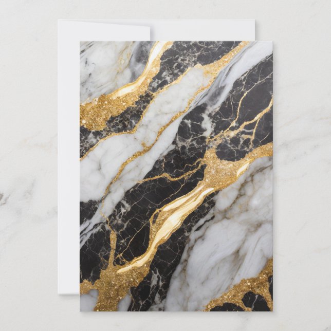 Convites Padrão de Mármore Preto e Branco com Ouro (Frente)