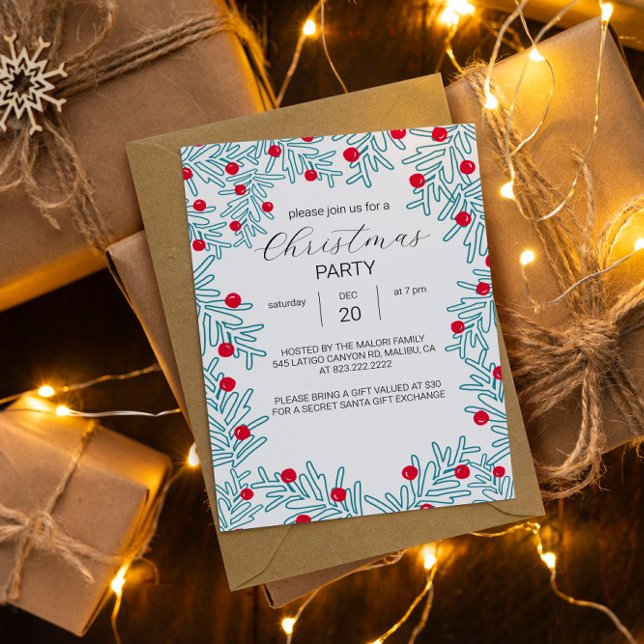 Convites Padrão de Natal de Galho de Pinheiro Moderno e Fru (Criador carregado)