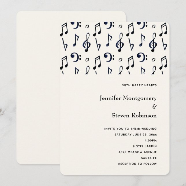 Convites Padrão de Notas Musicais Fofo para Casamento (Frente/Verso)