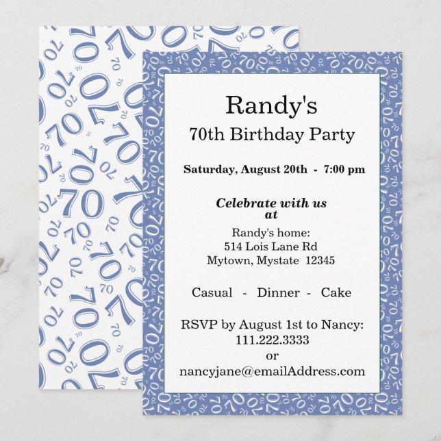 Convites Padrão de Número Aleatório 70 Azul/Branco 70º (Frente/Verso)