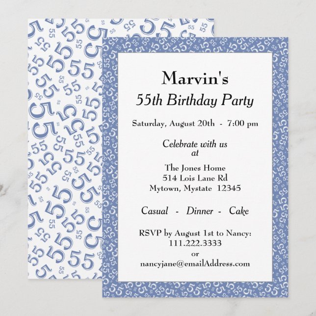 Convites Padrão de número branco/azul de Festa de aniversár (Frente/Verso)