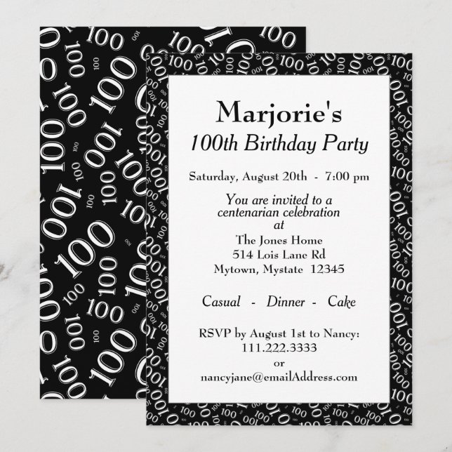 Convites Padrão de número branco/preto da Festa de aniversá (Frente/Verso)