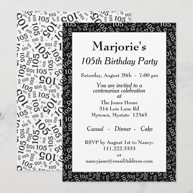 Convites Padrão de número branco/preto da Festa de aniversá (Frente/Verso)