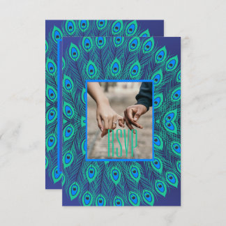 CONVITES PADRÃO DE PENA DE PAVÃO ESTILIZADO MODERNO AZUL