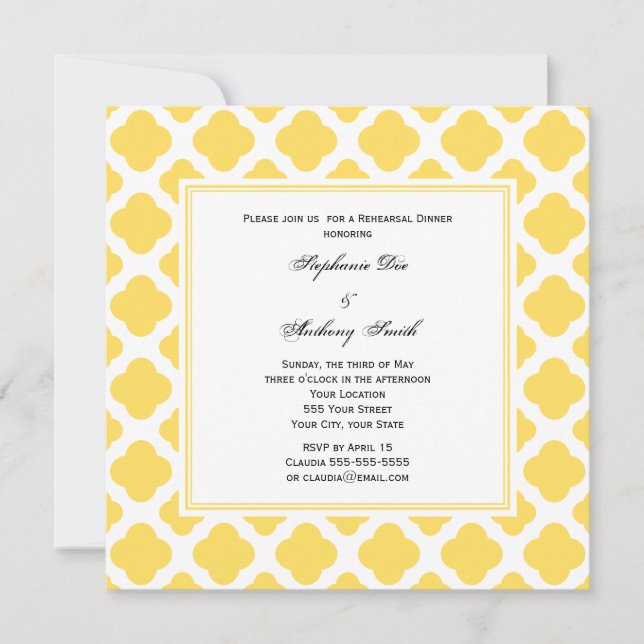 Convites Padrão de Quatrefoil Amarelo Limão e Branco com Mo (Frente)