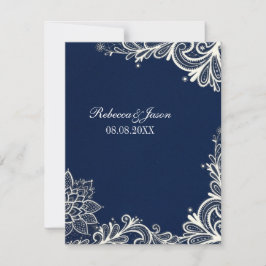 Convites padrão de renda branca vintage casamento azul nava