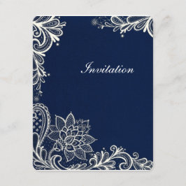 Convites padrão de renda branca vintage casamento azul nava