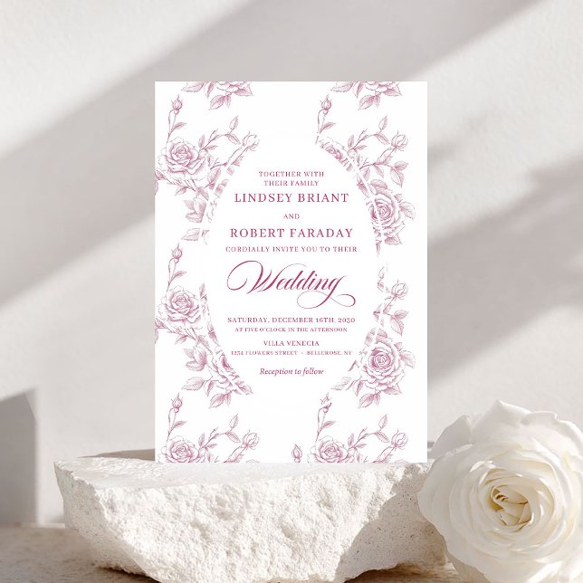 Convites Padrão de Rosa Romântica em Rosa e Branco para Cas (Romantic Pink and White Rose Pattern Wedding Invite)