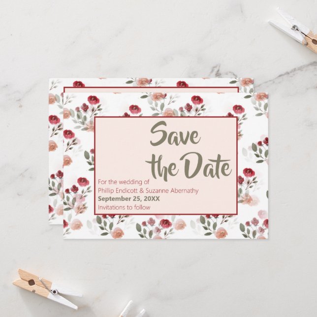 Convites Padrão de Rosas Sage Burgundy Blush Save the Date  (Frente/Verso In Situ)