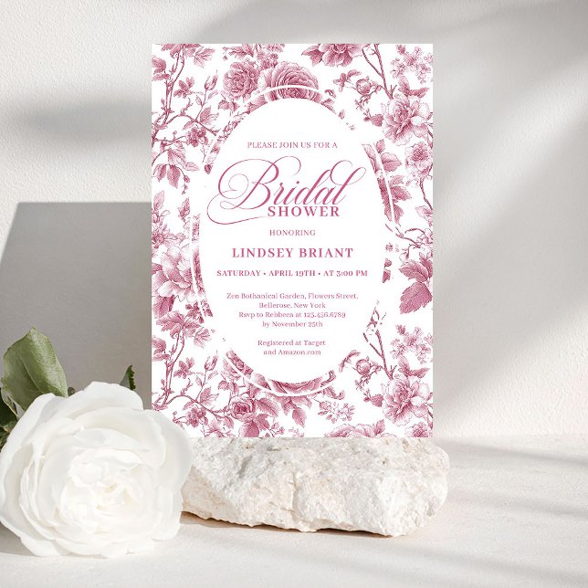 Convites Padrão de rosas toile com rubor real para chá de p (Royal Blush Toile Roses Pattern Bridal Shower Invitation

)