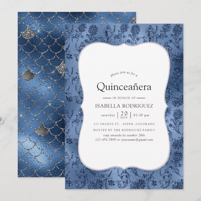 Convites Padrão de Sereia com Purpurina Azul para Quinceane (Frente/Verso)