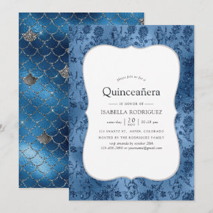 Convites Padrão de Sereia com Purpurina Azul para Quinceane