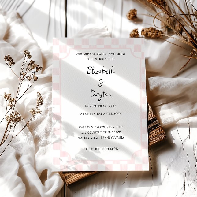 Convites Padrão de Xadrez Pintado de Rosa Casamento (Criador carregado)