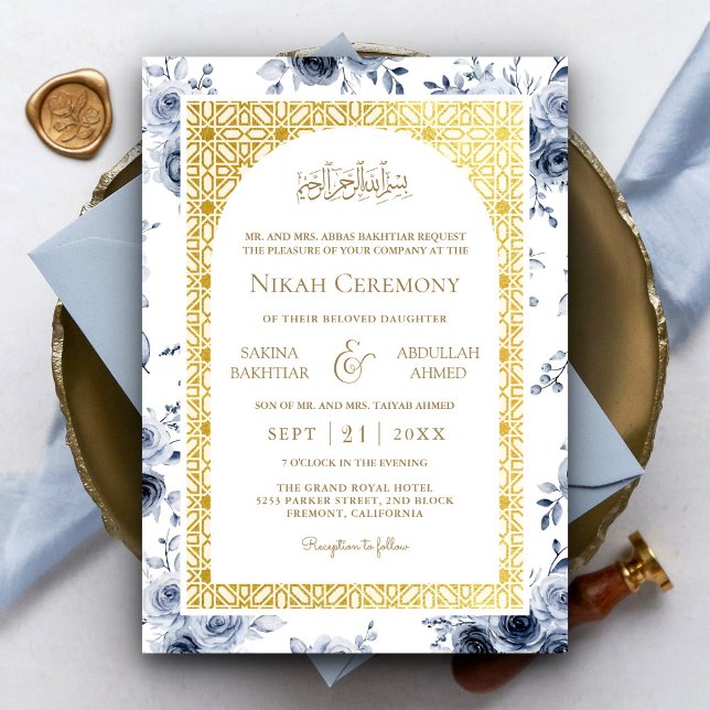 Convites Padrão Dourado Floral Azul Empoeirado Casamento Mu (Criador carregado)