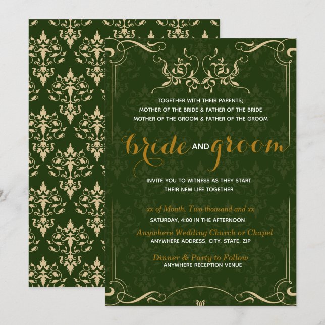 Convites Padrão Dourado legante no casamento de Emerald BG (Frente/Verso)