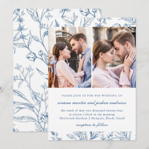 Convites Padrão Floral Azul Bonito para Casamento com Duas