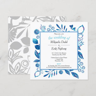 Convites Padrão Floral Azul-Inverno Escandinavo