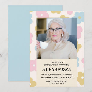 Convites Padrão Floral de Foto Retro aniversário de 91 anos